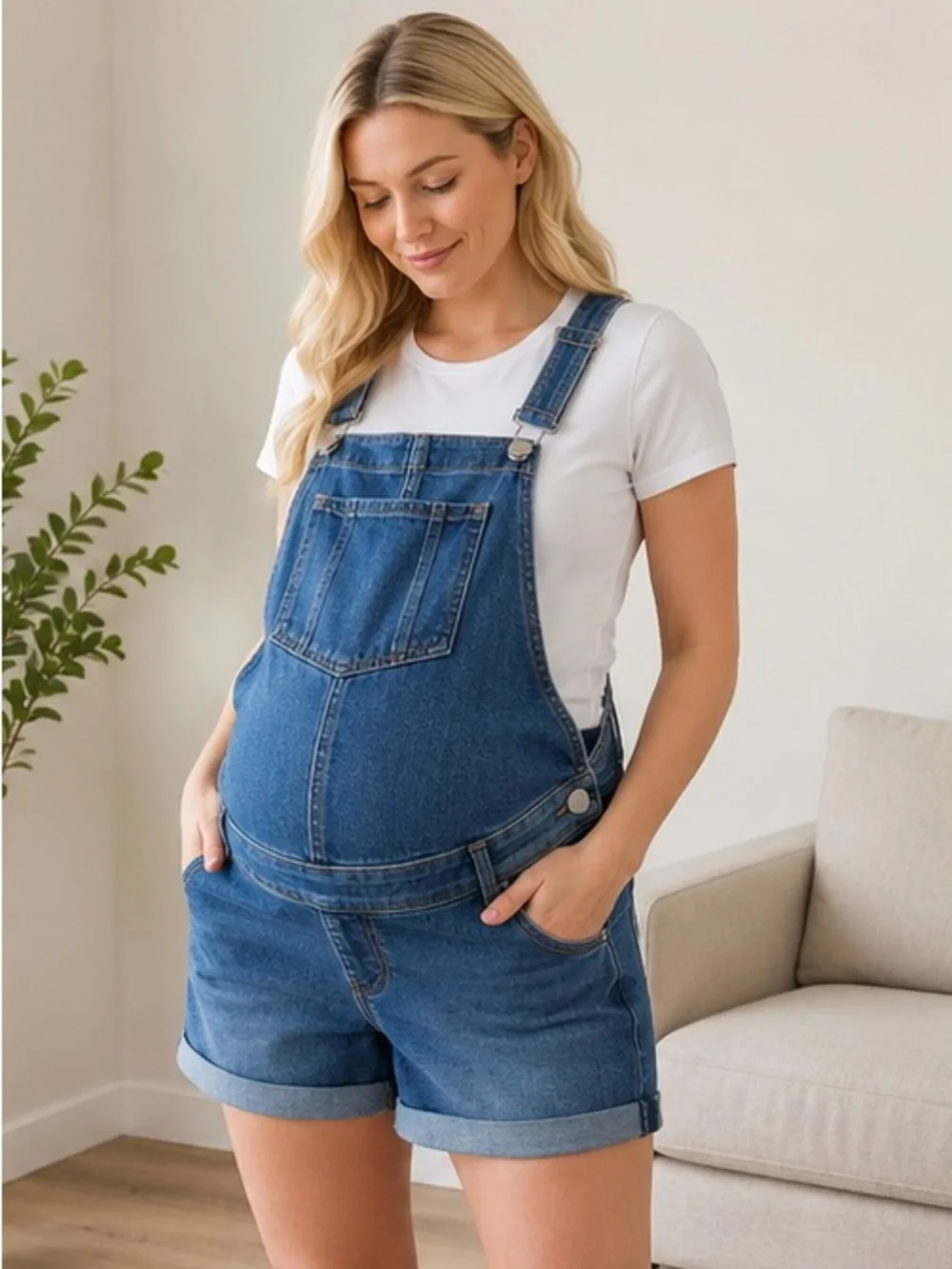 Maternity Denim Short Overalls - Blue